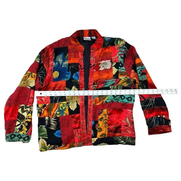 Chicos Silk Blazer Red Black Color Block Floral Tropical Lined Size 1 Small 4/6 - Picture 3 of 6